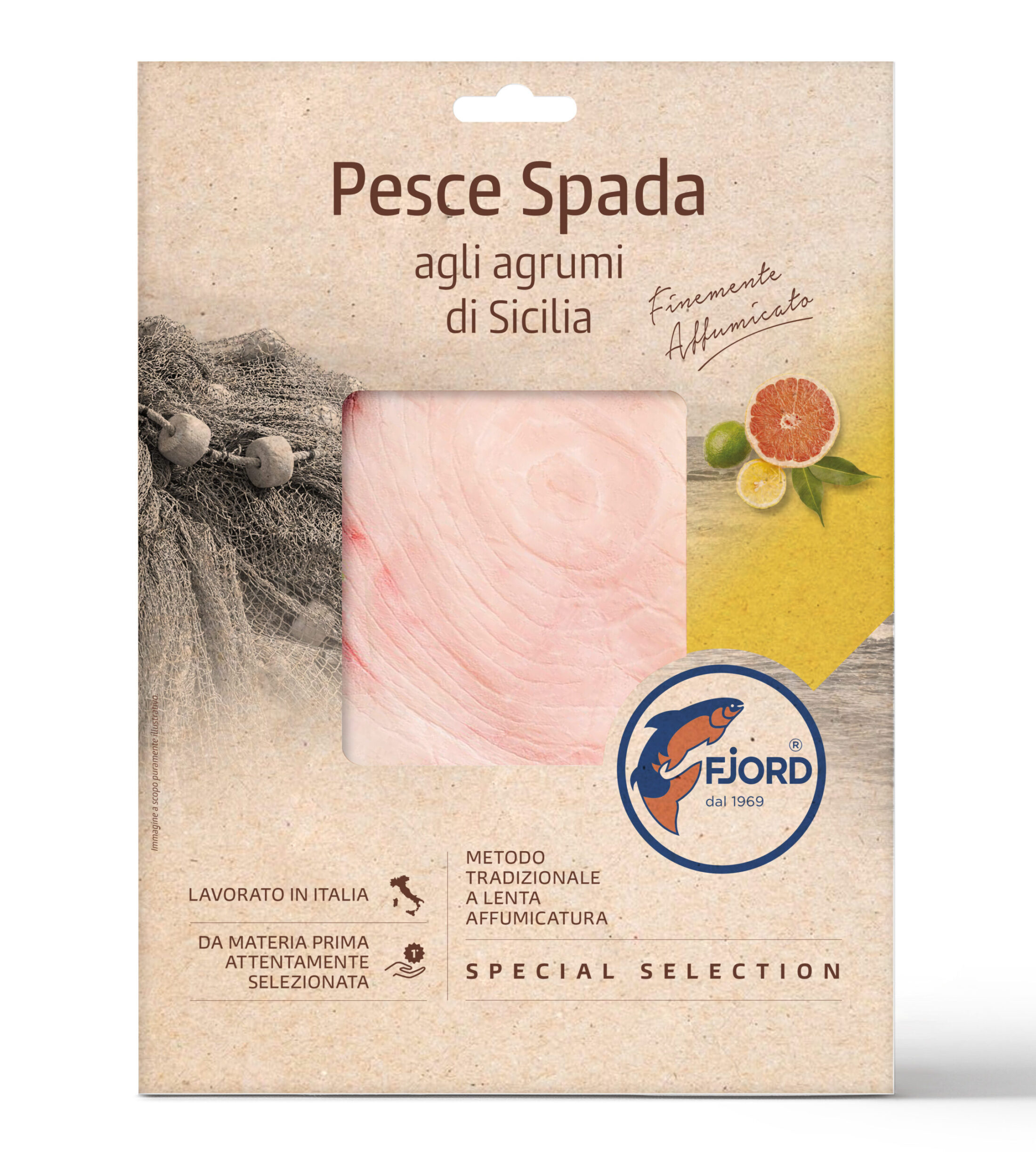 Confezione in carta proveniente da foreste controllate di Pesce Spada Affumicato Fjord agli Agrumi di Sicilia 100g